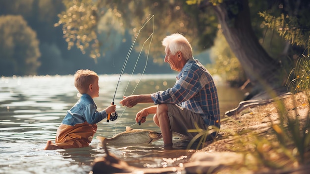 Un vieil homme est assis au bord d'un lac avec son petit-fils ils tiennent tous les deux des bâtons de pêche et le garçon sourit à son grand-père