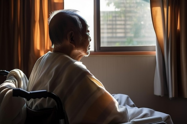 Un vieil homme est assis dans un lit d'hôpital et regarde par la fenêtre.