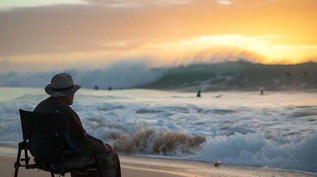 Un vieil homme est assis sur une plage et regarde le vaste océan le soleil couchant jette une lueur dorée sur l'eau et les vagues se heurtent doucement à la rive