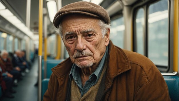 Un vieil homme européen triste dans les transports en commun.