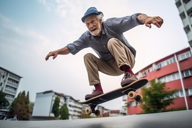 Un vieil homme faisant des tours sur un skateboard inspire et surmonte longtemps