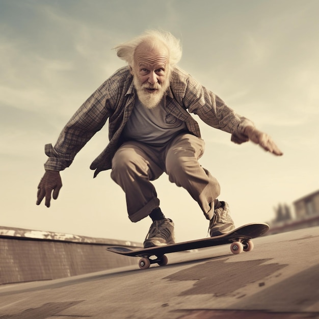 Le vieil homme fait du skateboard vite.