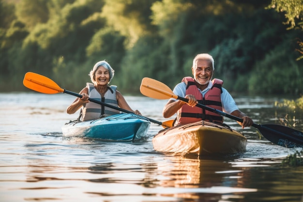 Un vieil homme avec des familles d'amis faisant du kayak sur l'eau générée par ai