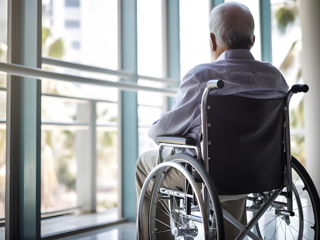 Un vieil homme en fauteuil roulant face à la fenêtre de l'hôpital