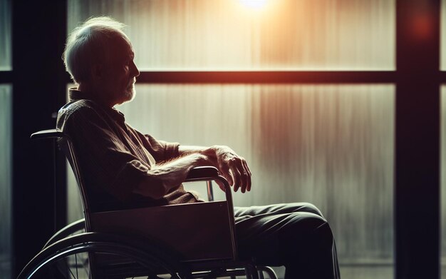 Vieil homme en fauteuil roulant visage triste Concept de personnes âgées seules et de maladies