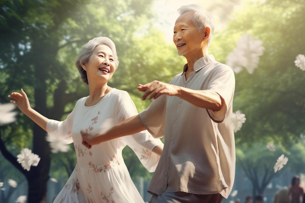 un vieil homme et une femme qui dansent dans le parc