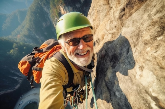 Un vieil homme grimpe dans les montagnes.