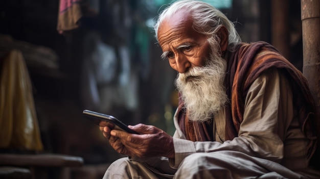 Photo un vieil homme avec une grosse moustache utilise son smartphone
