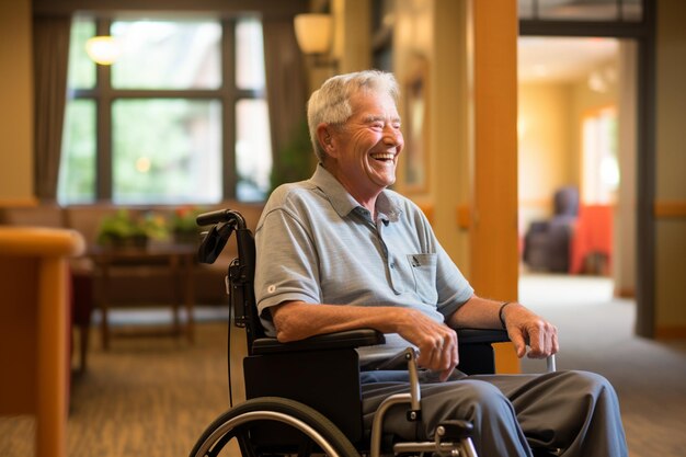 Photo vieil homme handicapé assis sur un fauteuil roulant dans la maison de retraite à l'arrière-plan de style bokeh
