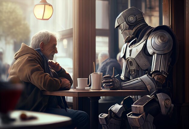 Un vieil homme heureux à côté d'un robot d'intelligence artificielle humanoïde interactif
