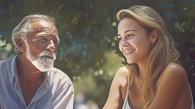 Un vieil homme heureux et une jeune femme blonde assis dans un parc par une journée ensoleillée