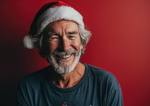 un vieil homme heureux et souriant avec un chapeau de Père Noël en arrière-plan de Noël