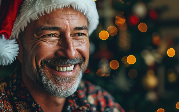 un vieil homme heureux et souriant avec un chapeau de Père Noël en arrière-plan de Noël