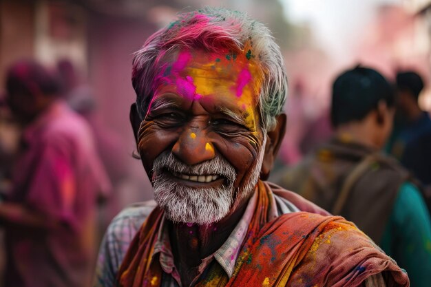 vieil homme hindou heureux célébrant Holi avec des couleurs en poudre ou gulal Concept du festival indien Holi