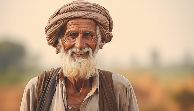 Vieil homme indien heureux sur le fond des montagnes en Inde