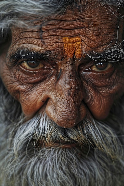 Photo vieil homme indien marqué par la vie rides et cheveux gris