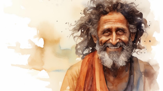 Vieil homme indien souriant avec des cheveux bouclés bruns Illustration aquarelle Portrait d'une personne occasionnelle sur fond blanc avec espace de copie Illustration horizontale photoréaliste générée par Ai