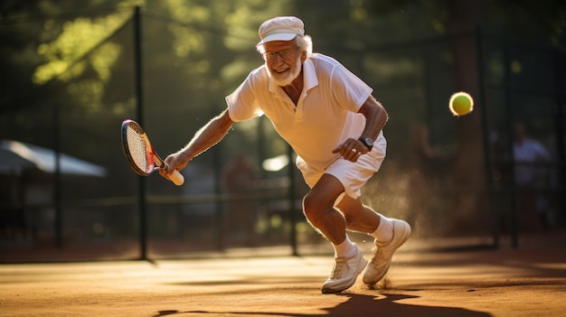 Vieil homme jouant au tennis, à la raquette, à la balle, à la cour, à la position énergique.