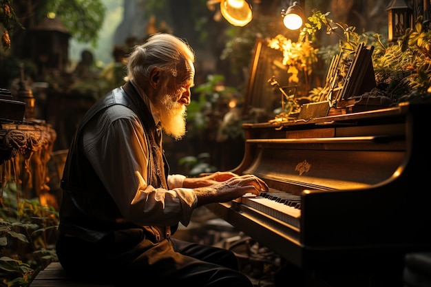 Un vieil homme joue du piano dans une pièce avec un éclairage électrique lumineux dans un cadre romantique génération AI