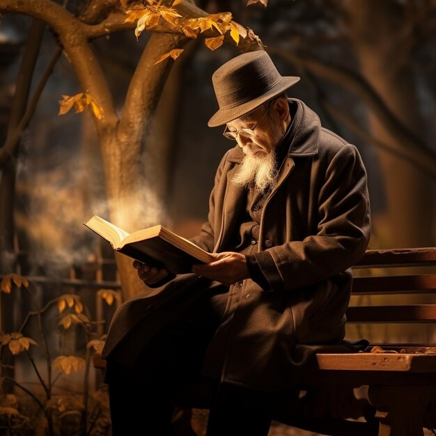 Photo un vieil homme lit un livre dans un parc.