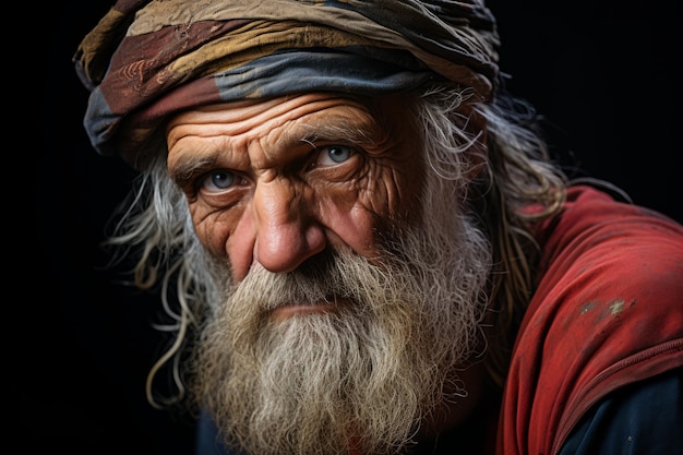 un vieil homme avec une longue barbe et un turban
