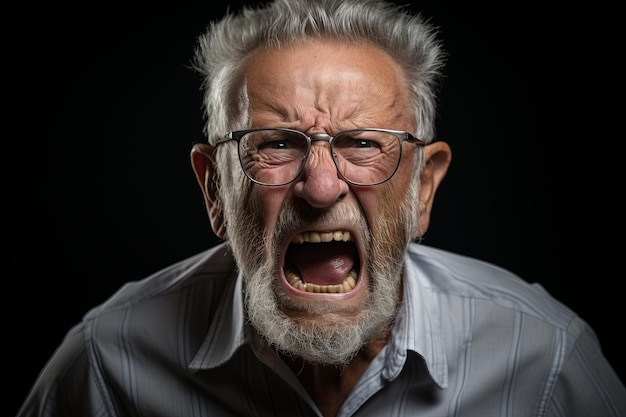 un vieil homme avec des lunettes et une barbe qui hurle