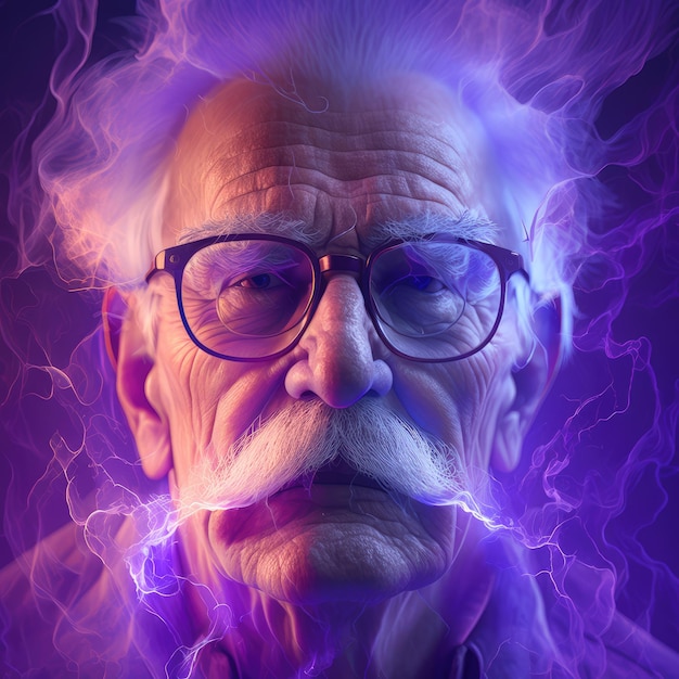 Un vieil homme à lunettes avec des cheveux gris et une moustache en éclair IA générative