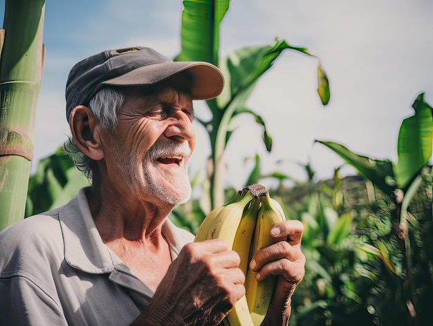 Vieil homme mangeant des bananes dans un bananier AI génératif