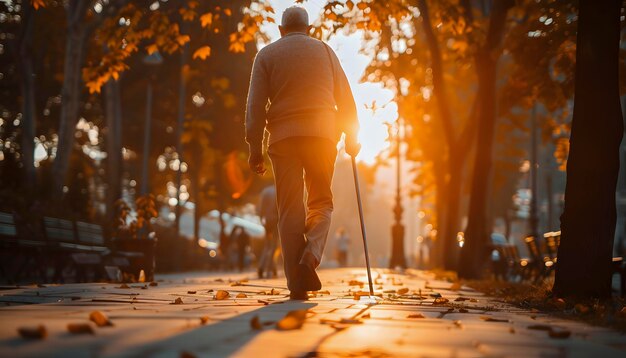 Un vieil homme marche sur un trottoir avec une canne.