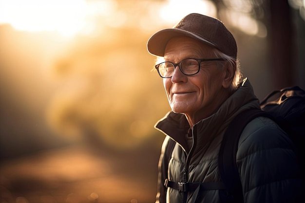 Un vieil homme met des lunettes, une casquette et un sac à dos dans une forêt en regardant l'avenir, la retraite et une vie saine.