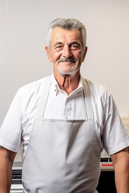 Photo un vieil homme avec une moustache et une chemise blanche avec une chemise blanc sur elle