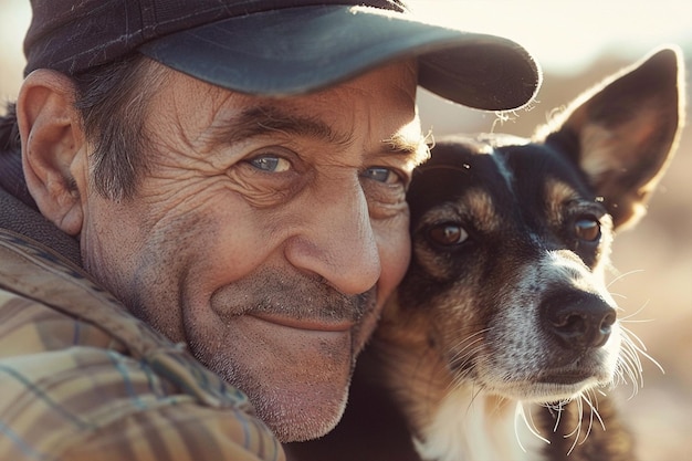 Un vieil homme mûr et heureux avec un chien dans un parc d'automne.