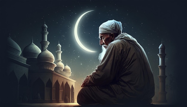 vieil homme musulman priant dans une mosquée avec nuit de lune étoilée et croissant de lune IA générative