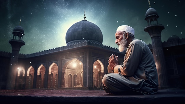 vieil homme musulman priant sur une mosquée avec étoilé et croissant de lune lune nuit générative ai