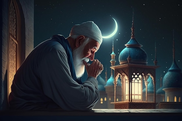 Vieil homme musulman priant sur une mosquée avec la nuit de lune étoilée et de croissant de lune