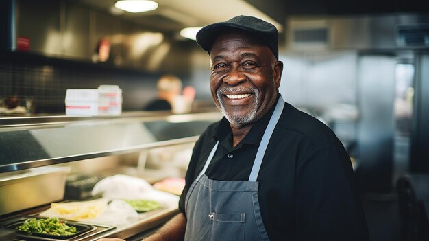 Un vieil homme noir qui travaille dans un fast-food.