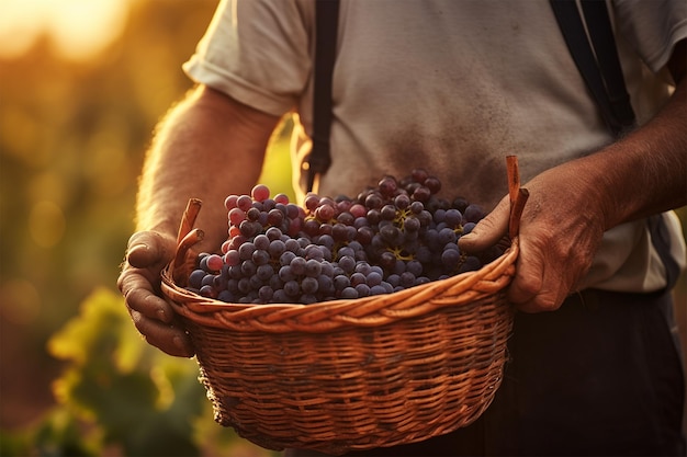 Vieil homme avec panier de raisins saison des vendanges vinification