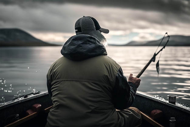 Un vieil homme pêchant sur un bateau dans le lac