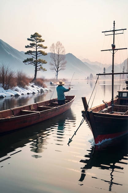 Un vieil homme pêche dans un bateau avec des maisons, des arbres, des forêts et des montagnes enneigées au bord de la rivière.