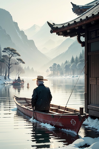 Un vieil homme pêche dans un bateau avec des maisons, des arbres, des forêts et des montagnes enneigées au bord de la rivière.