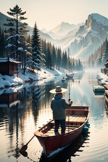 Un vieil homme pêche dans un bateau avec des maisons, des arbres, des forêts et des montagnes enneigées au bord de la rivière.