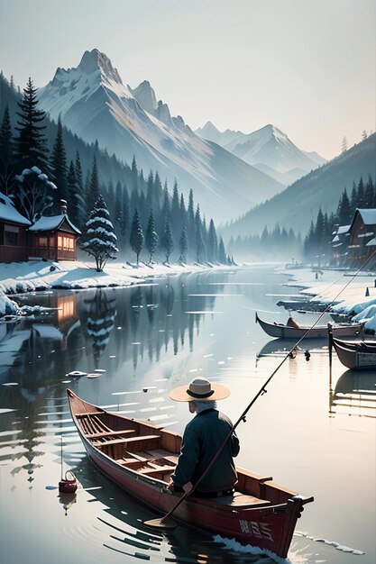 Un vieil homme pêche dans un bateau avec des maisons, des arbres, des forêts et des montagnes enneigées au bord de la rivière.