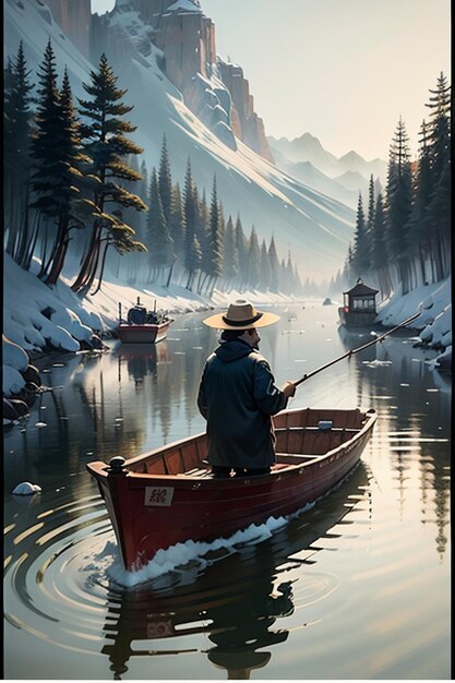 Un vieil homme pêche dans un bateau avec des maisons, des arbres, des forêts et des montagnes enneigées au bord de la rivière.