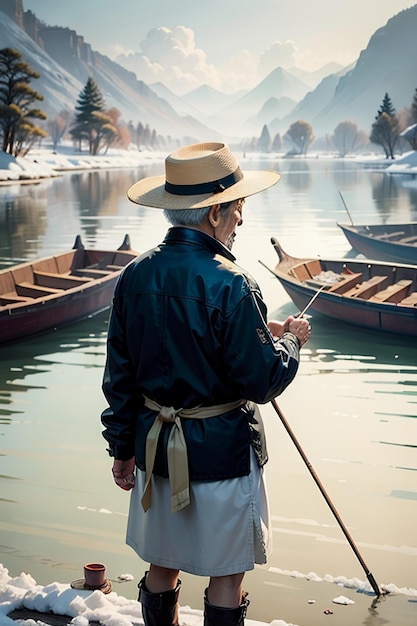 Un vieil homme pêche dans un bateau avec des maisons, des arbres, des forêts et des montagnes enneigées au bord de la rivière.