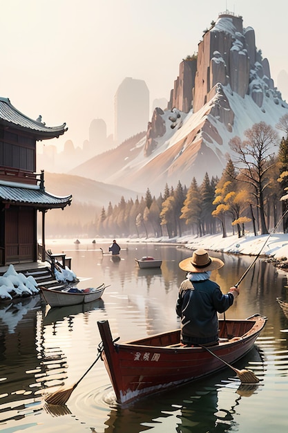 Un vieil homme pêche dans un bateau avec des maisons, des arbres, des forêts et des montagnes enneigées au bord de la rivière.