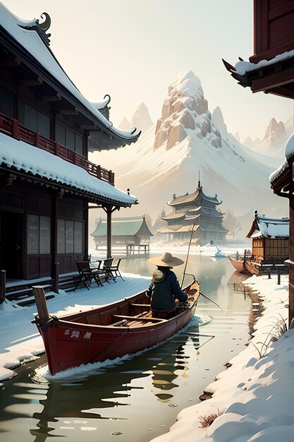 Un vieil homme pêche dans un bateau avec des maisons, des arbres, des forêts et des montagnes enneigées au bord de la rivière.