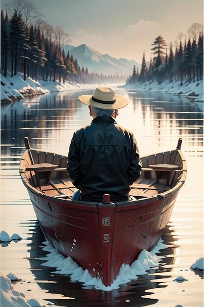 Un vieil homme pêche dans un bateau avec des maisons, des arbres, des forêts et des montagnes enneigées au bord de la rivière.