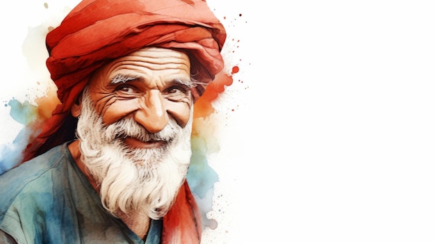 Vieil homme persan souriant avec des cheveux raides rouges Illustration aquarelle Portrait d'une personne occasionnelle sur fond blanc avec espace de copie Illustration horizontale photoréaliste générée par Ai