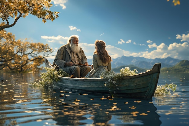 Vieil homme et petite fille assise dans un bateau sur un lac