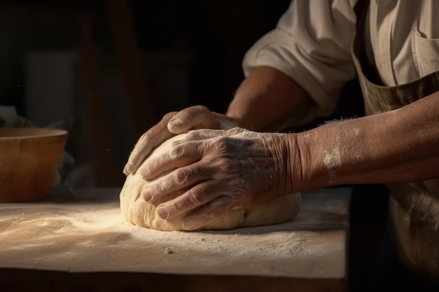 Un vieil homme pétrit une pâte pour la cuisson du pain ai générative